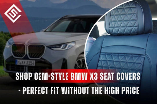 OEM-style BMW X3 seat covers shown on luxury SUV interior, custom fit design offering factory look without dealer pricing.