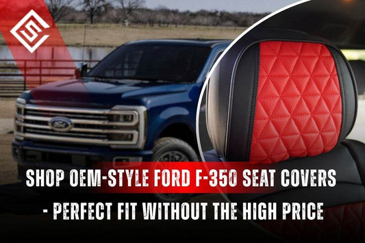 OEM style Ford F-350 seat covers shown with red quilted leather look interior beside blue Super Duty truck exterior.