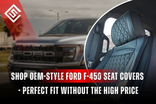 OEM-style Ford F-450 seat covers shown with factory-fit eco-leather interior, offering protection without dealer pricing.