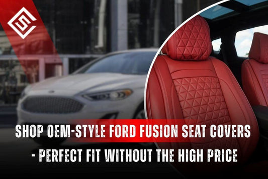 OEM-style Ford Fusion red quilted seat covers interior with blurred sedan background, promoting affordable custom-fit.