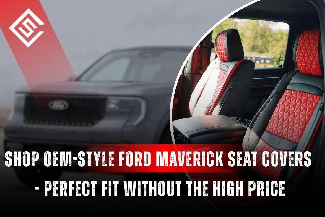 OEM-style Ford Maverick seat covers in black and red interior, custom-fit design delivering factory look and protection.