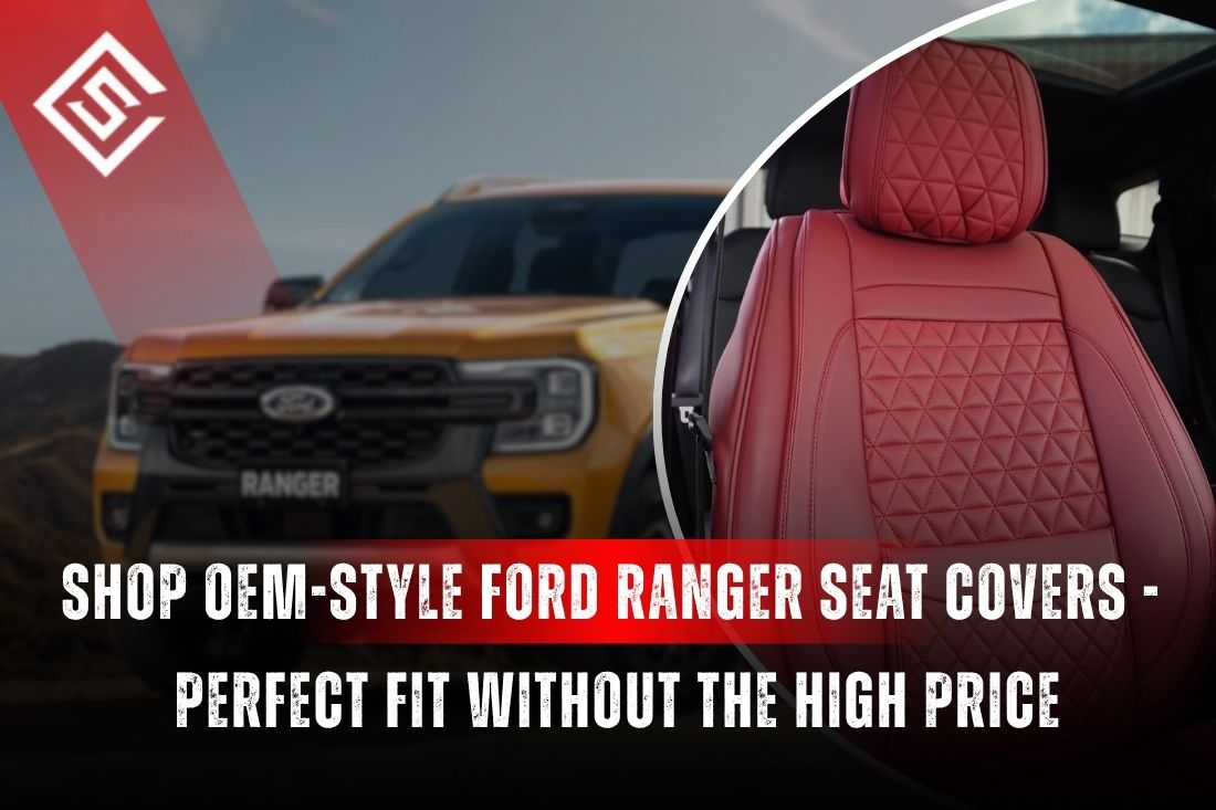 OEM-style Ford Ranger seat covers on red leather seat with factory-fit look, offering affordable protection for daily use.