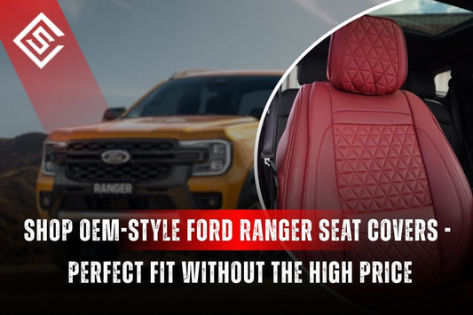 OEM-style Ford Ranger seat covers on red leather seat with factory-fit look, offering affordable protection for daily use.