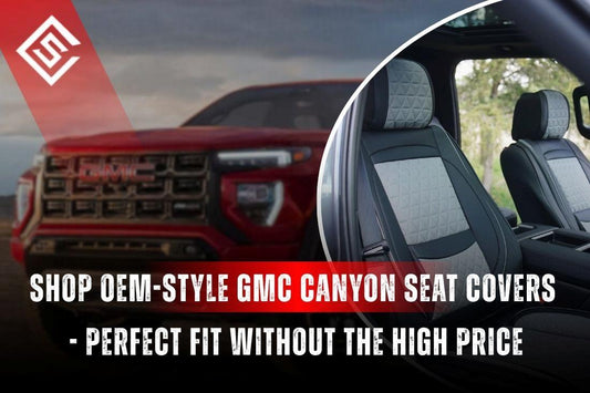 OEM-style GMC Canyon seat covers with factory-fit interior, showcasing custom fit, materials, and affordable protection.