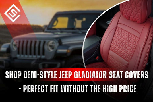 OEM-style Jeep Gladiator seat covers in red eco-leather showing factory fit, rugged protection, and premium interior upgrade.