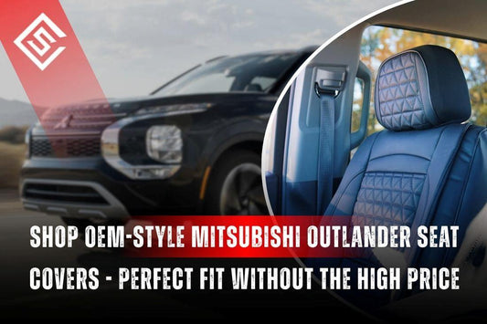 OEM-style Mitsubishi Outlander seat covers with factory-fit interior and SUV exterior, highlighting premium protection.
