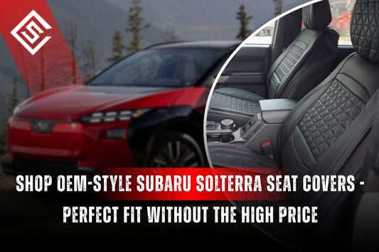OEM-style Subaru Solterra seat covers showing custom-fit eco-leather interior protection with factory look and comfort.