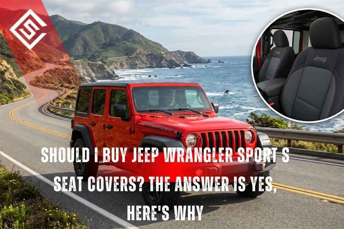 Red Jeep Wrangler Sport S on coastal road promoting eco-leather seat covers that prevent UV and water damage outdoors.