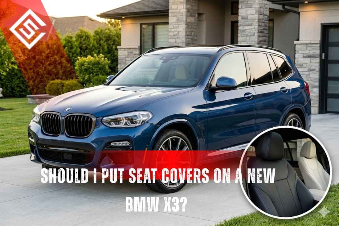 Blue BMW X3 parked outside modern home with inset showing seat materials, illustrating seat cover decision guide.