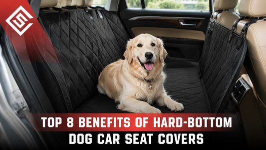 Golden retriever on a hard-bottom dog car seat cover for safe, stable and waterproof road trips for long car rides.