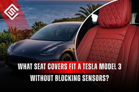 Tesla Model 3 with red seat covers highlighting airbag-safe design that protects sensors without blocking deployment.