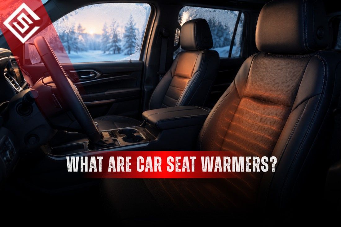 Luxury SUV interior with glowing heated leather seats showcasing winter comfort with car seat warmer system installed.
