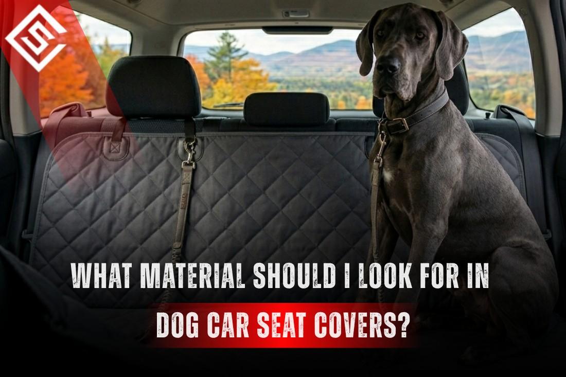 Great Dane sitting on a quilted dog car seat cover, highlighting durable waterproof materials for pet travel comfort.