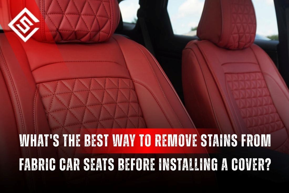 Red quilted car seats illustrating how to remove stains from fabric car seats before installing a protective seat cover.