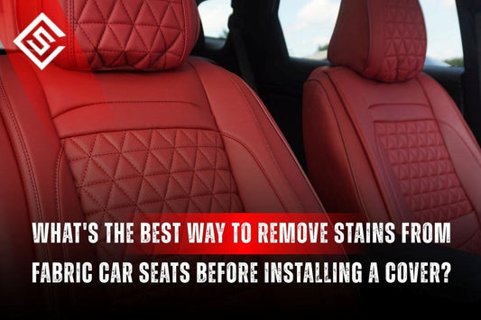 Red quilted car seats illustrating how to remove stains from fabric car seats before installing a protective seat cover.