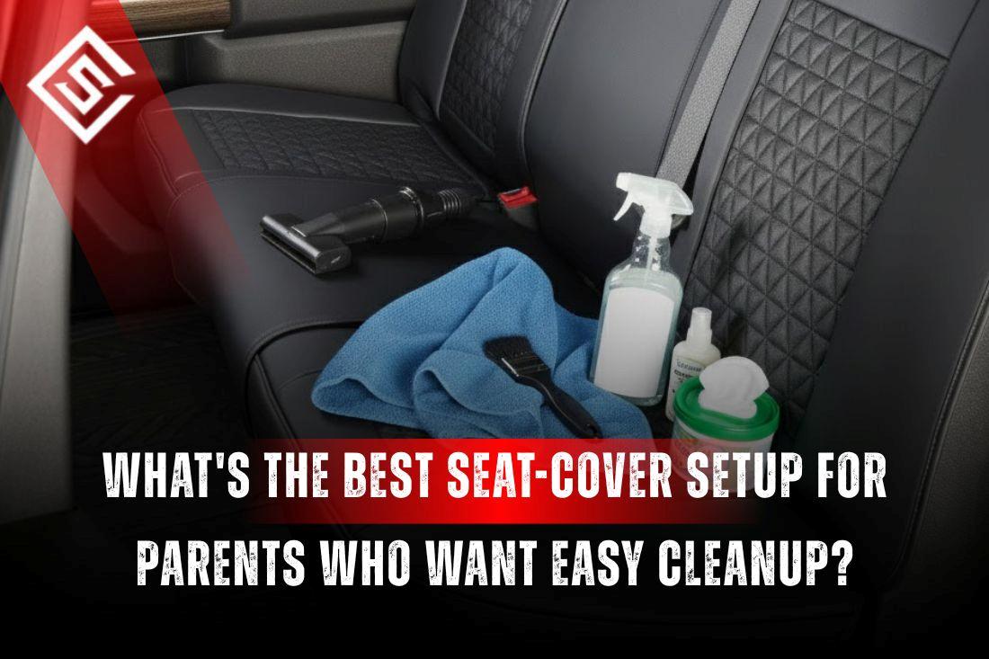 Family car interior with easy clean seat covers and cleaning tools, showing seat cover setup with easy cleanup for parents.