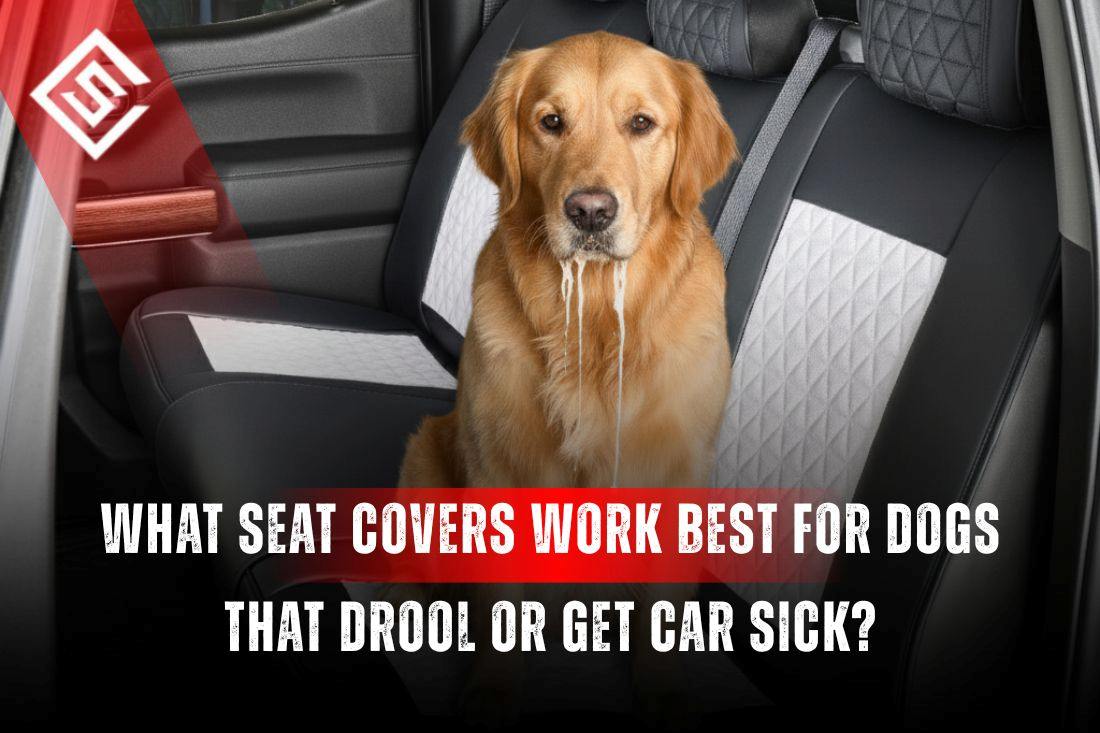 Golden retriever drooling on waterproof car seat cover showing protection for dogs that drool or get car sick during travel.