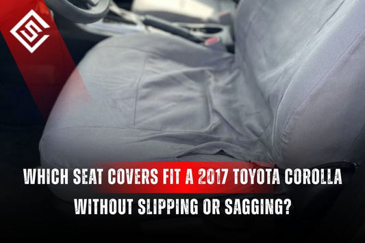Loose gray seat cover bunching on 2017 Toyota Corolla driver seat showing sagging and slipping fit issue during daily use.