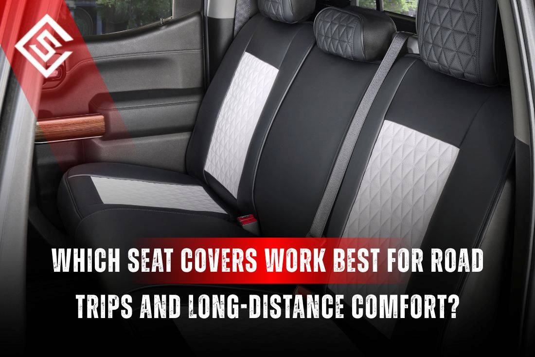 Premium black and grey padded seat covers designed for long-distance comfort during road trips and daily driving routines.