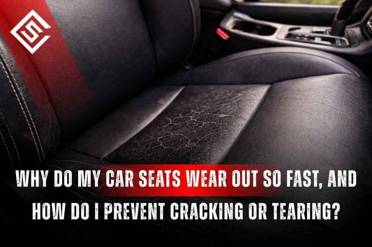 Close up of cracked leather car seat with visible surface wear from friction and sun exposure inside vehicle.