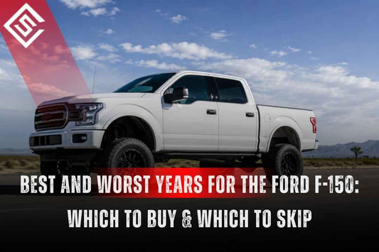 Best and worst Ford F-150 model years guide featuring a white Ford F-150 truck and reliability-based buying recommendations.