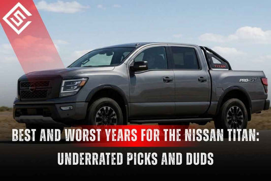Used Nissan Titan pickup on desert road with headline about best and worst model years for reliability and value.