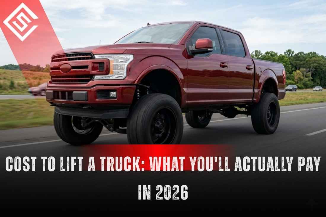 Red Ford F-150 with suspension lift showcasing the real cost to lift a truck in 2026, from kits and labor to upgrades.