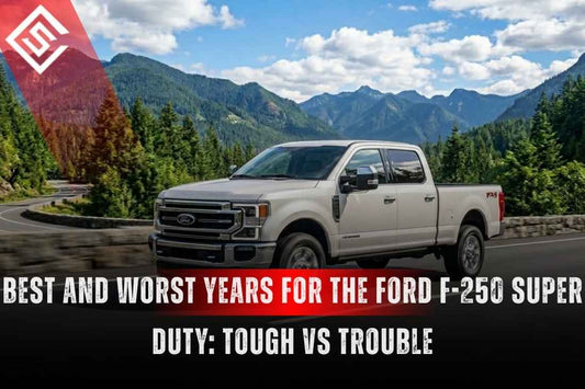 White Ford F-250 Super Duty truck highlighting the best and worst model years and diesel reliability concerns today.