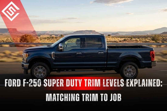 2026 Ford F-250 Super Duty truck highlighting trim levels from XL to Platinum for work, towing and ranch use buyers.