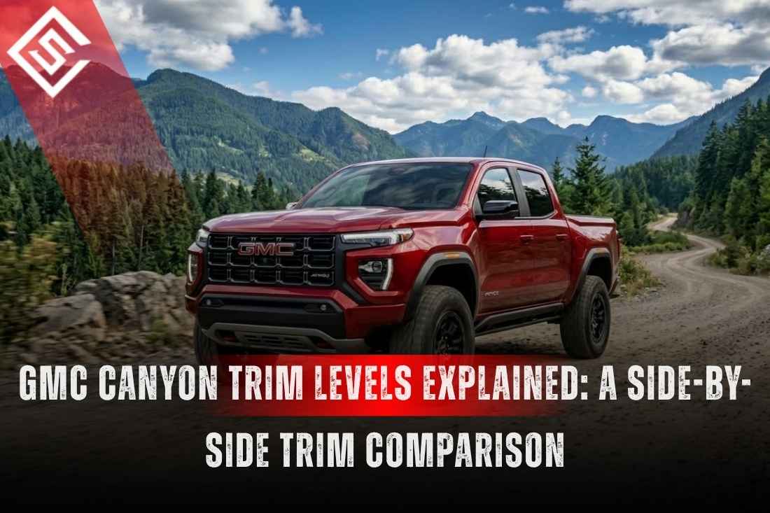 Red 2026 GMC Canyon pickup on mountain road representing GMC Canyon trim levels from Elevation to AT4X trims guide.