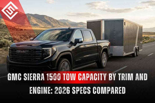 2026 GMC Sierra 1500 towing a trailer, highlighting tow capacity by engine, trim, and Max Trailering Package.
