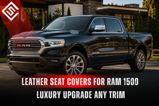 Black Ram 1500 truck showcasing a luxury interior upgrade with leather seat covers designed for style, comfort, and protection.