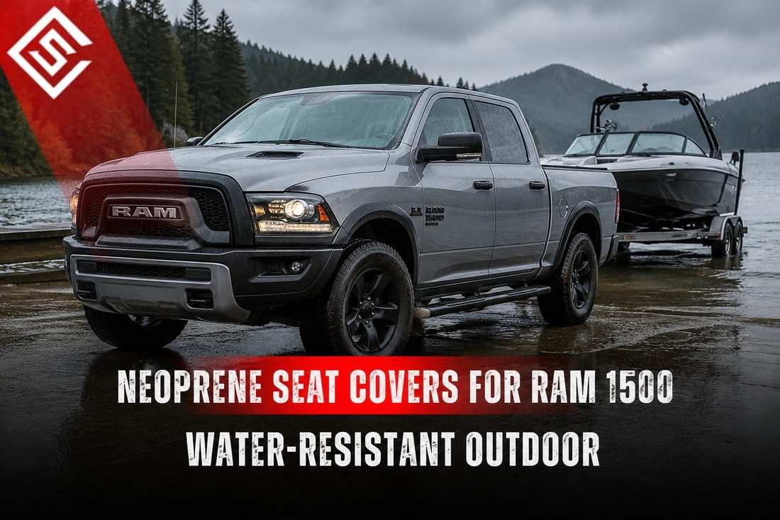 Ram 1500 towing a boat in wet outdoor conditions, showcasing neoprene seat covers built for water resistant protection.