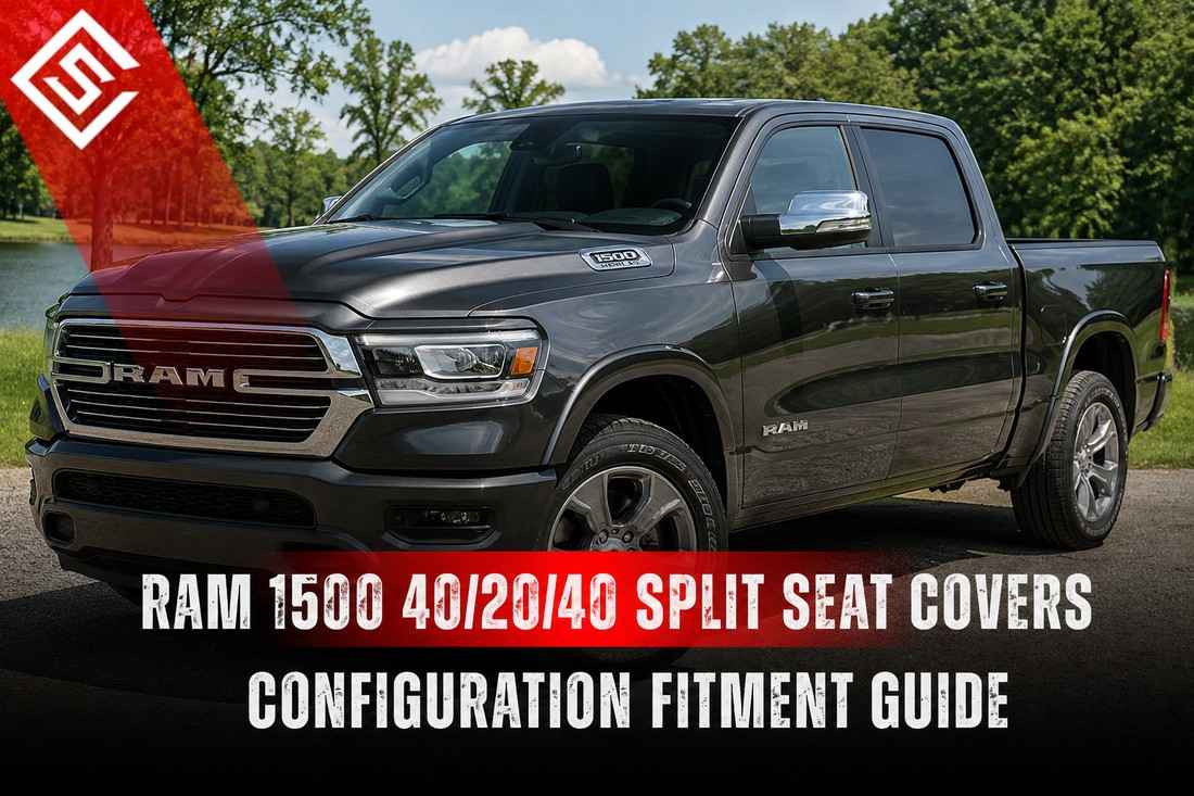 Ram 1500 truck with 40/20/40 split bench seat configuration, highlighting seat cover fitment and fold-down console design.