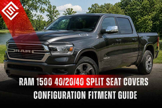 Ram 1500 truck with 40/20/40 split bench seat configuration, highlighting seat cover fitment and fold-down console design.