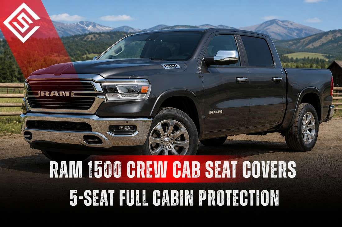 Ram 1500 Crew Cab with full cabin seat protection highlighting front and rear seat covers for all five passengers.