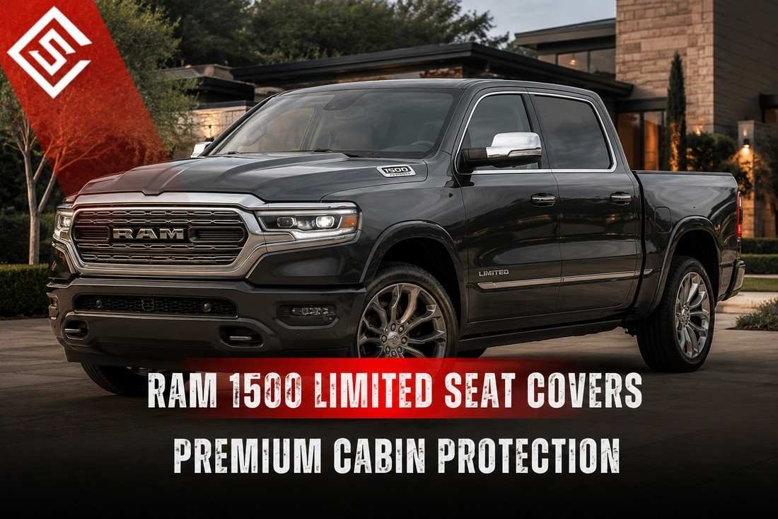 Ram 1500 Limited truck highlighting custom seat covers that protect premium leather and suede seats from daily wear.