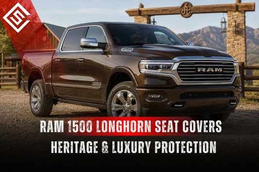 Ram 1500 Longhorn with premium leather interior protection focus, showcasing seat covers for heritage style and value.