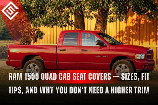 Red Ram 1500 Quad Cab with custom seat covers, promoting proper fit, sizing tips, and premium interior upgrades.