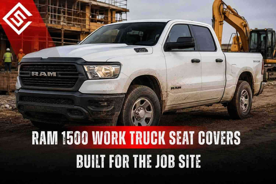 White Ram 1500 work truck with durable seat cover protection designed for contractors, job sites, and harsh daily conditions.
