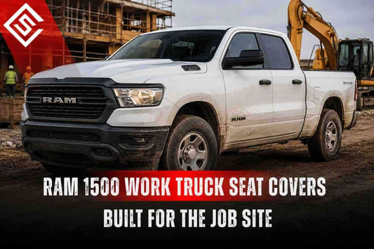 White Ram 1500 work truck with durable seat cover protection designed for contractors, job sites, and harsh daily conditions.