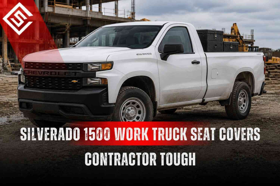 White Chevrolet Silverado 1500 work truck at a job site showing durable Silverado 1500 work truck seat covers.