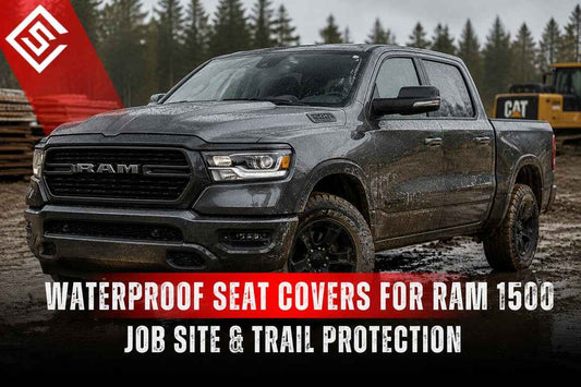 Mud-splattered Ram 1500 pickup promoting waterproof seat covers for job sites, trail driving and wet conditions.