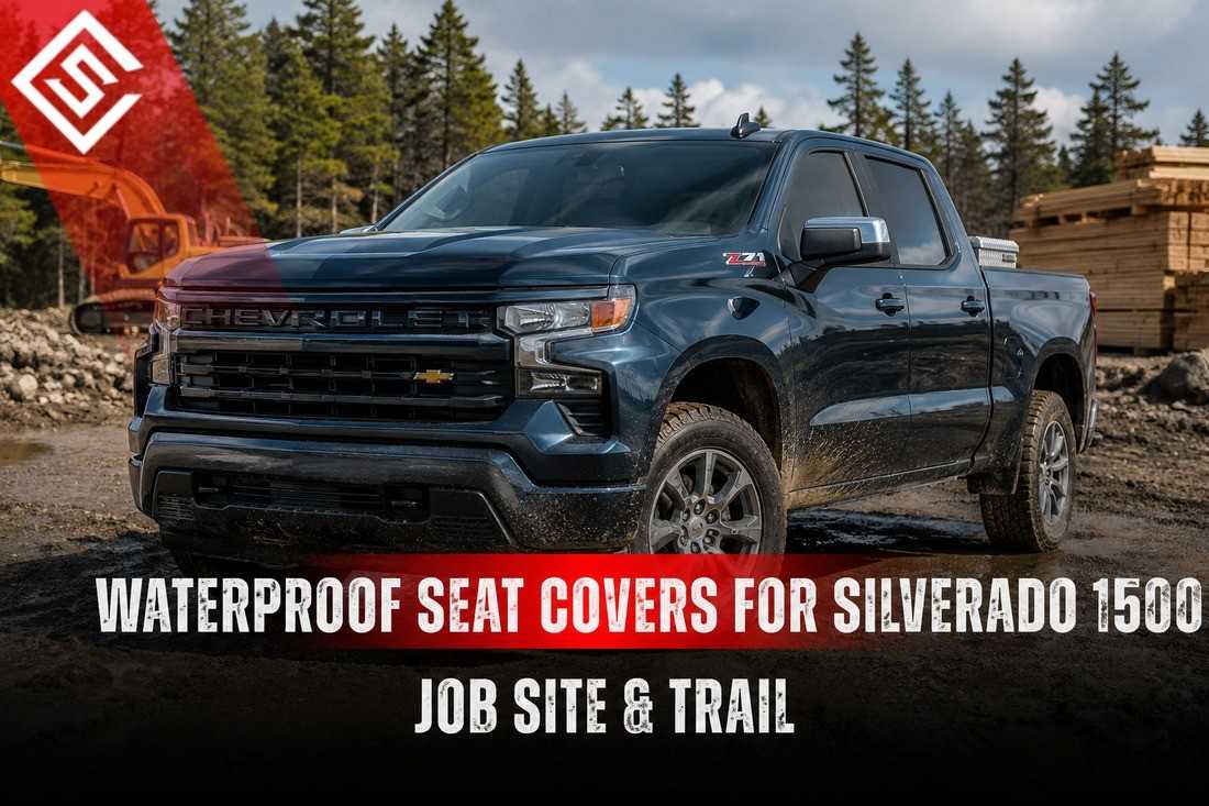 Blue Silverado 1500 showcasing waterproof seat covers for WT and Custom trucks built for demanding job sites.