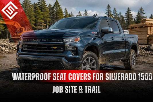 Blue Silverado 1500 showcasing waterproof seat covers for WT and Custom trucks built for demanding job sites.